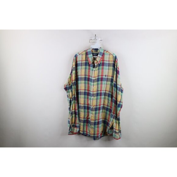 Vtg 90s Ralph Lauren Mens XL Custom Fit Linen Rainbow Plaid Button Down Shirt